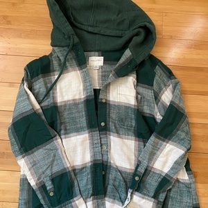American eagle green and white flannel with a hood, size small